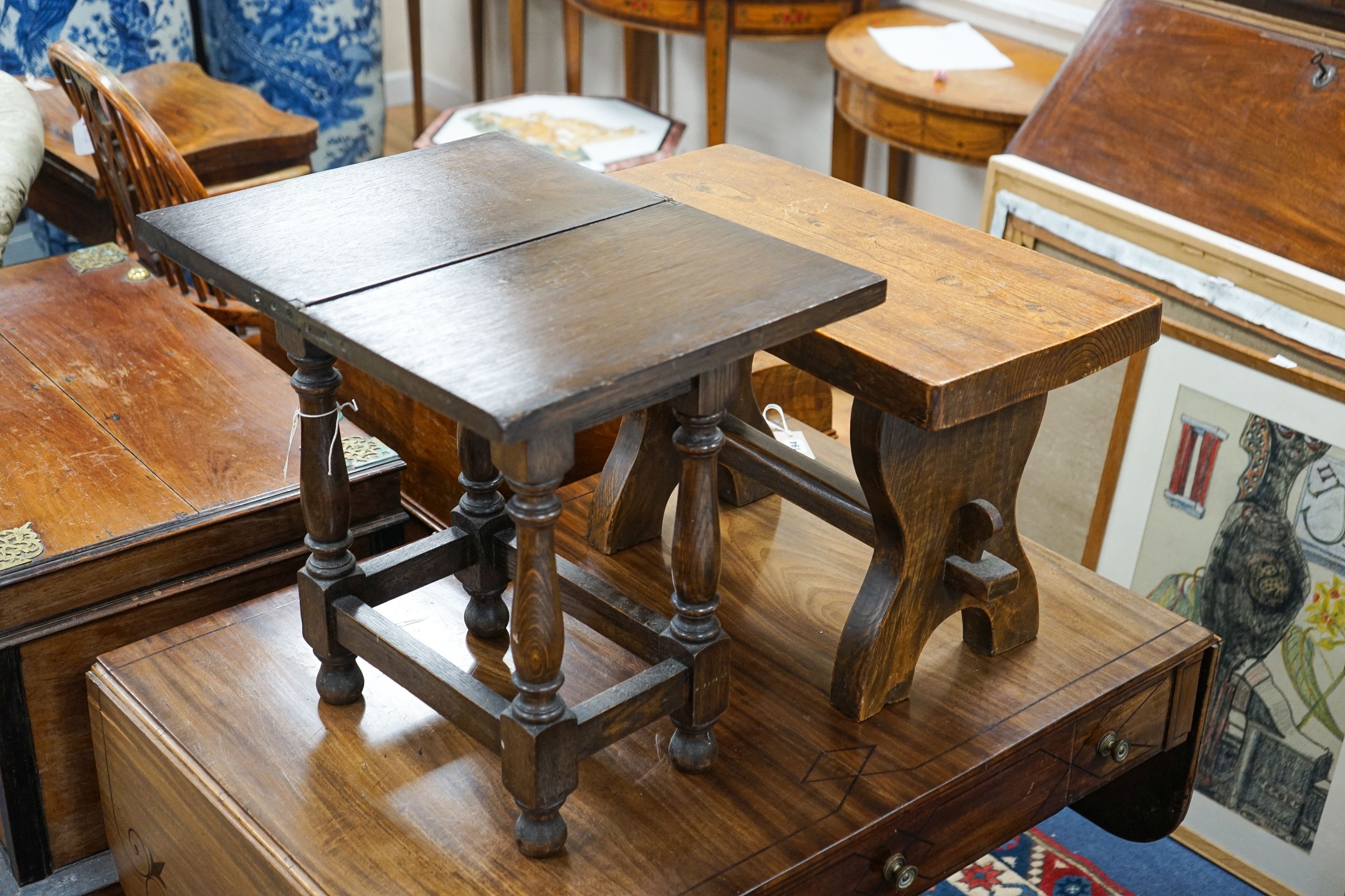 Two Titchmarsh and Godwin occasional stools, larger width 60cm, depth 29cm, height 38cm